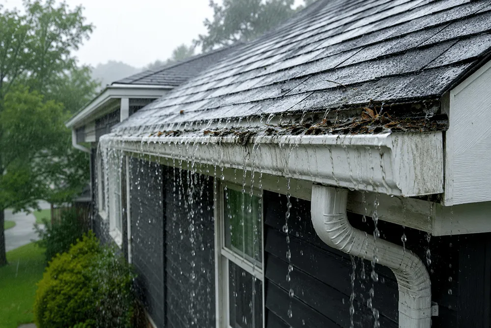 Overflowing gutter during a summer storm with water spilling near the fascia on a Lee's Summit home