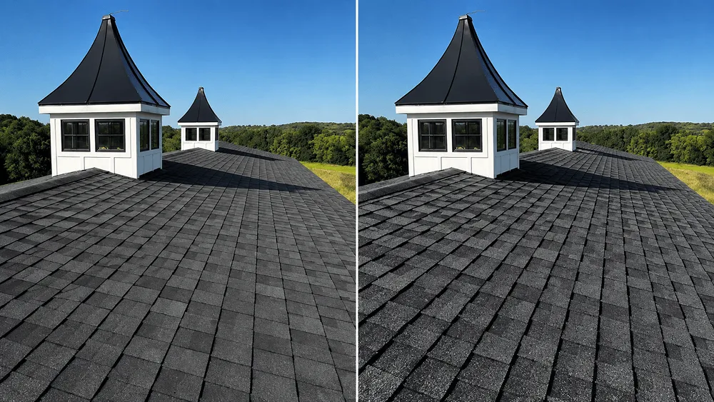 Side-by-side comparison of an impact-resistant Class 4 shingle and a standard architectural shingle