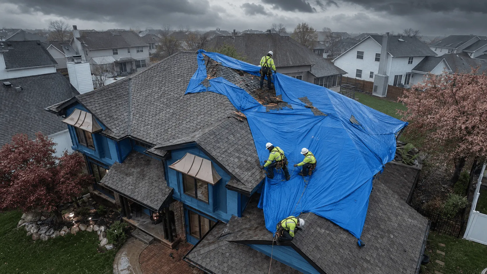 Emergency roof repair in Grain Valley crew tarping storm-damaged shingles