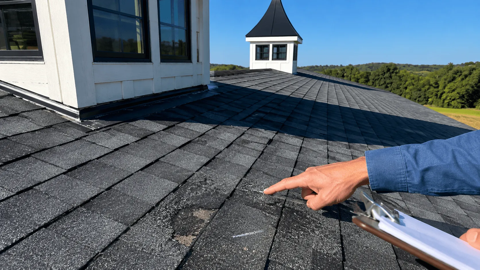 Roof inspection in Blue Springs showing granule loss and flashing check
