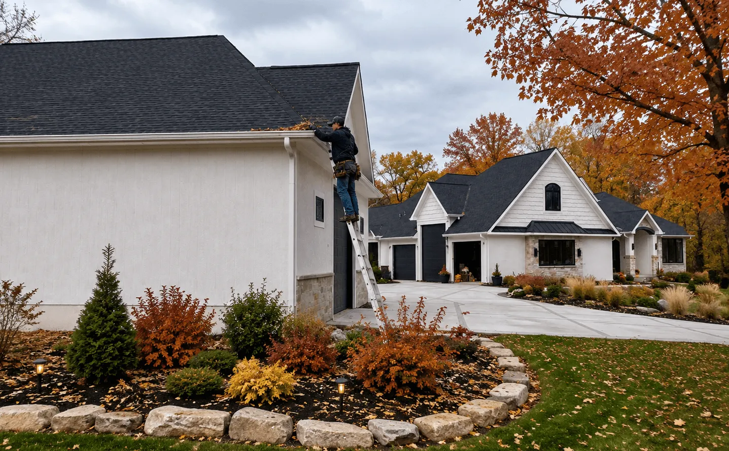 Fall roof maintenance in Independence showing flashing and pipe boot inspection