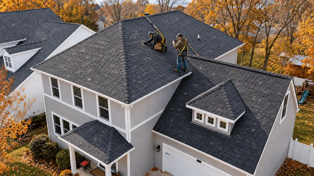 Capstone roofing crew inspecting shingles for hail damage during a fall roof inspection in Grain Valley, MO