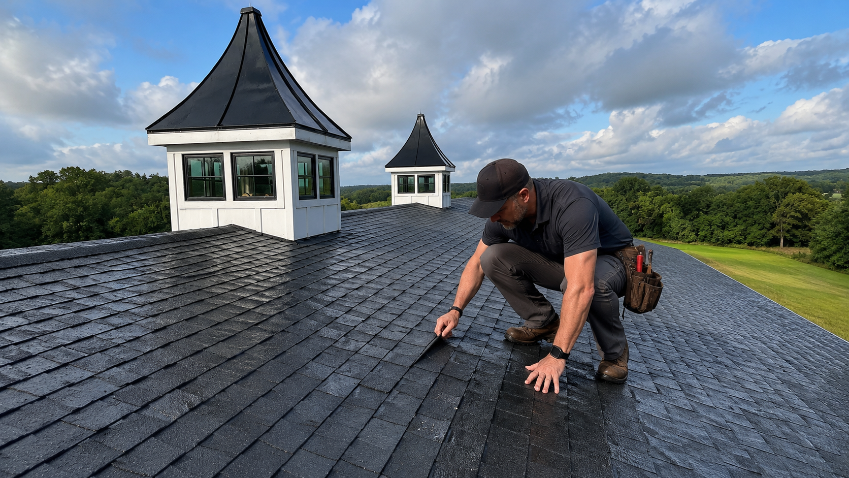 Roofer inspecting damaged shingles on a Kansas City home after a summer rainstorm