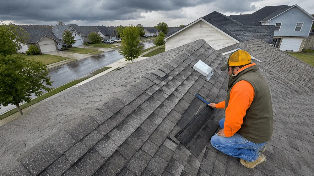 Roofer checking lifted shingles on a Blue Springs suburban home after wind and rain damage
